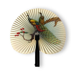 Vintage Asian Hand Fan 10 Inch Republic Of China Foldable Birds Peacocks